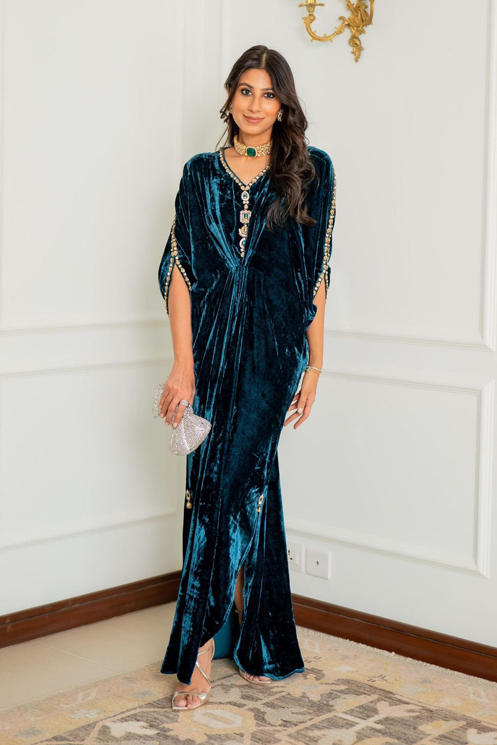 Teal Royale Embellished Velvet Kaftan Gown