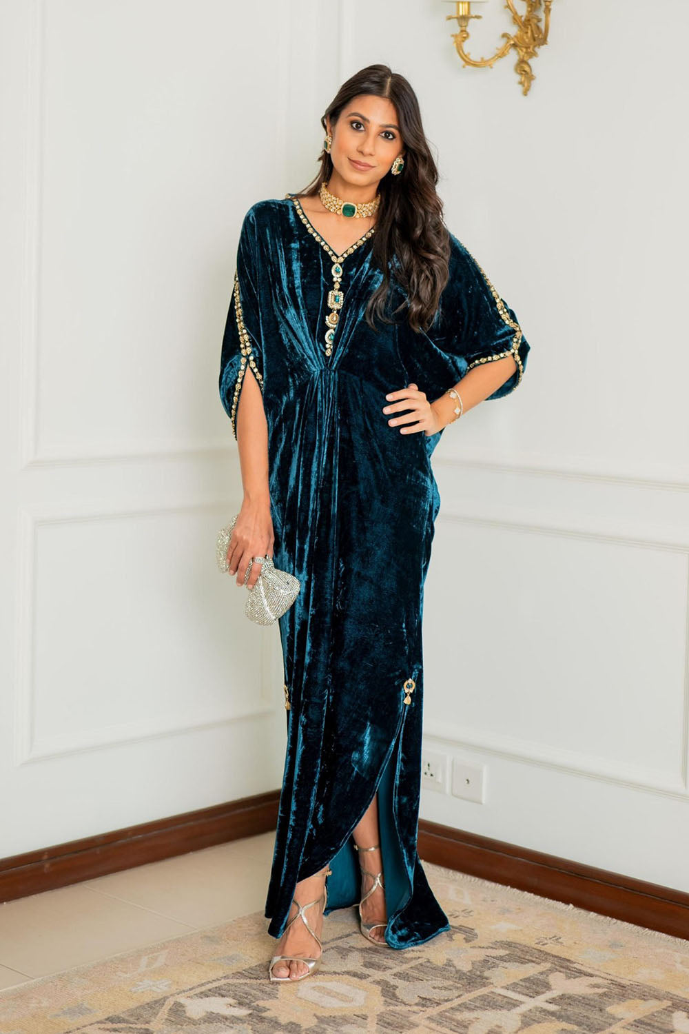 Teal Royale Embellished Velvet Kaftan Gown