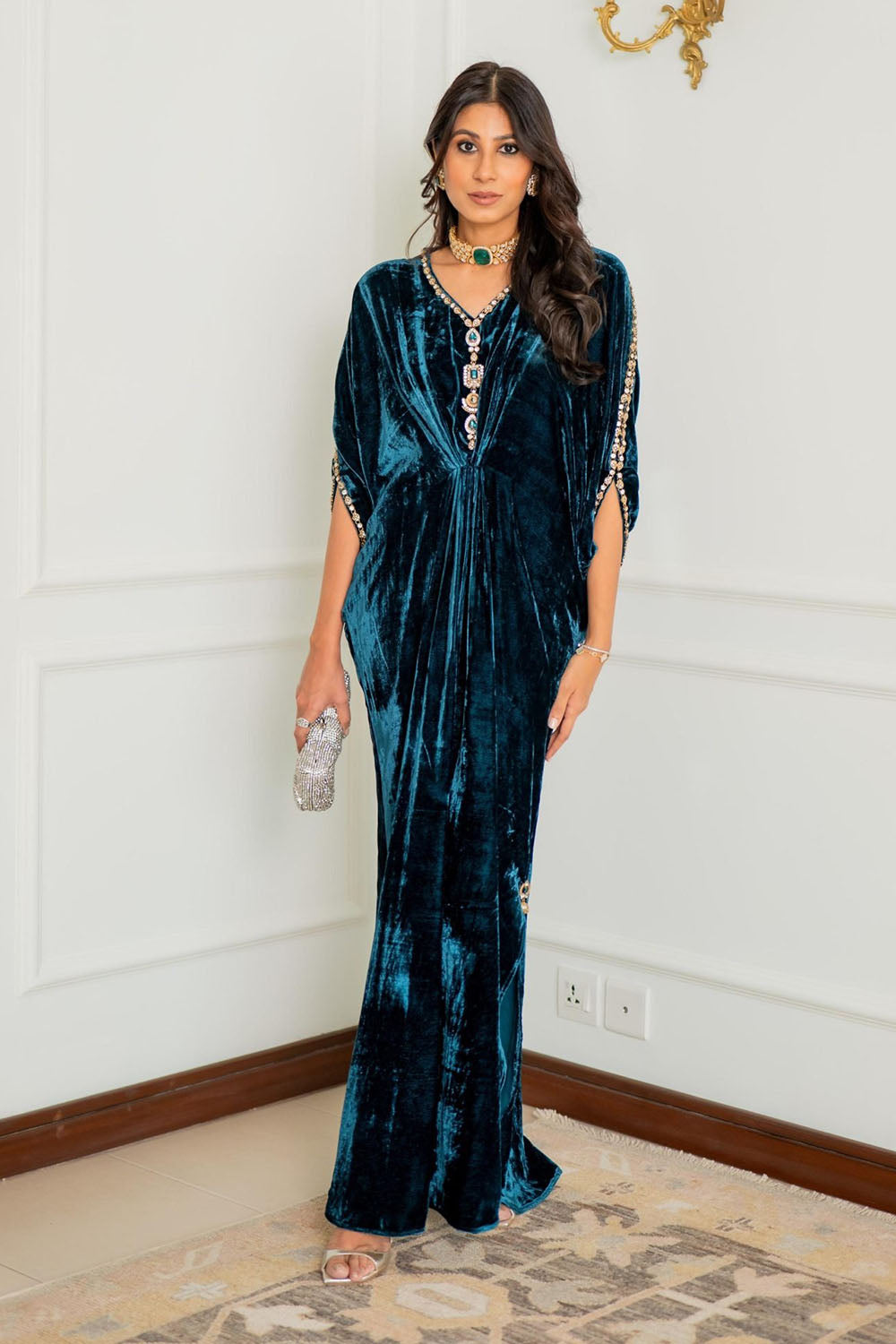 Teal Royale Embellished Velvet Kaftan Gown