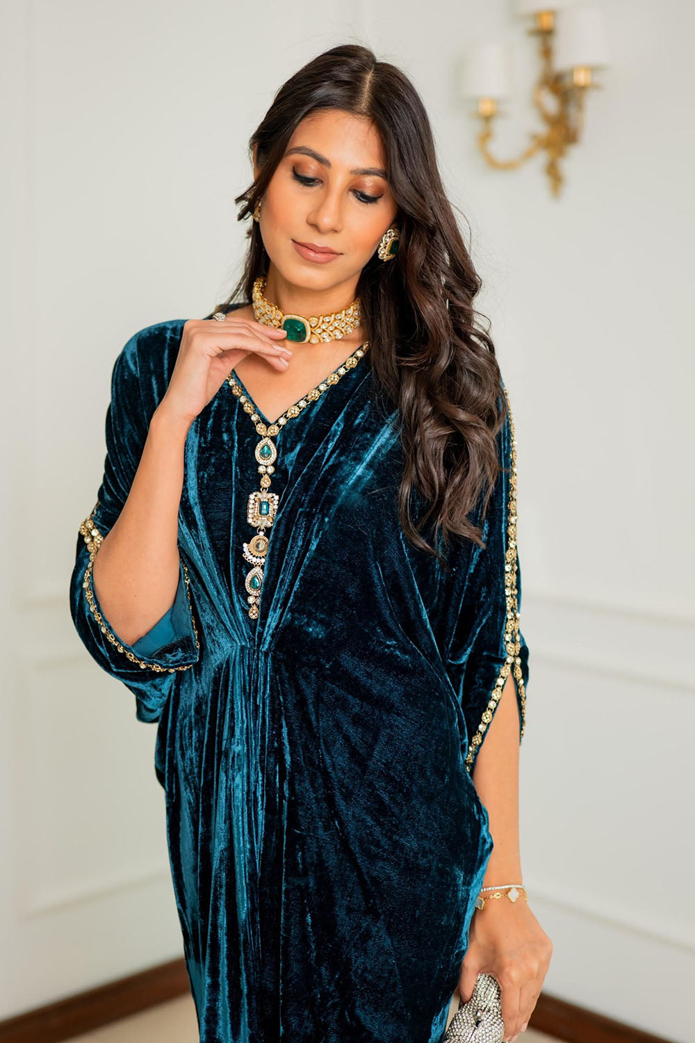 Teal Royale Embellished Velvet Kaftan Gown