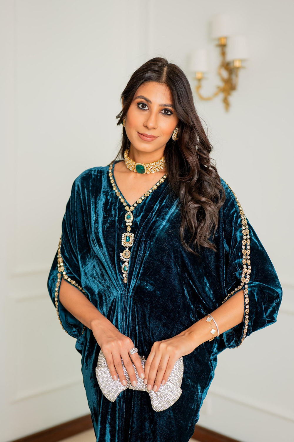 Teal Royale Embellished Velvet Kaftan Gown