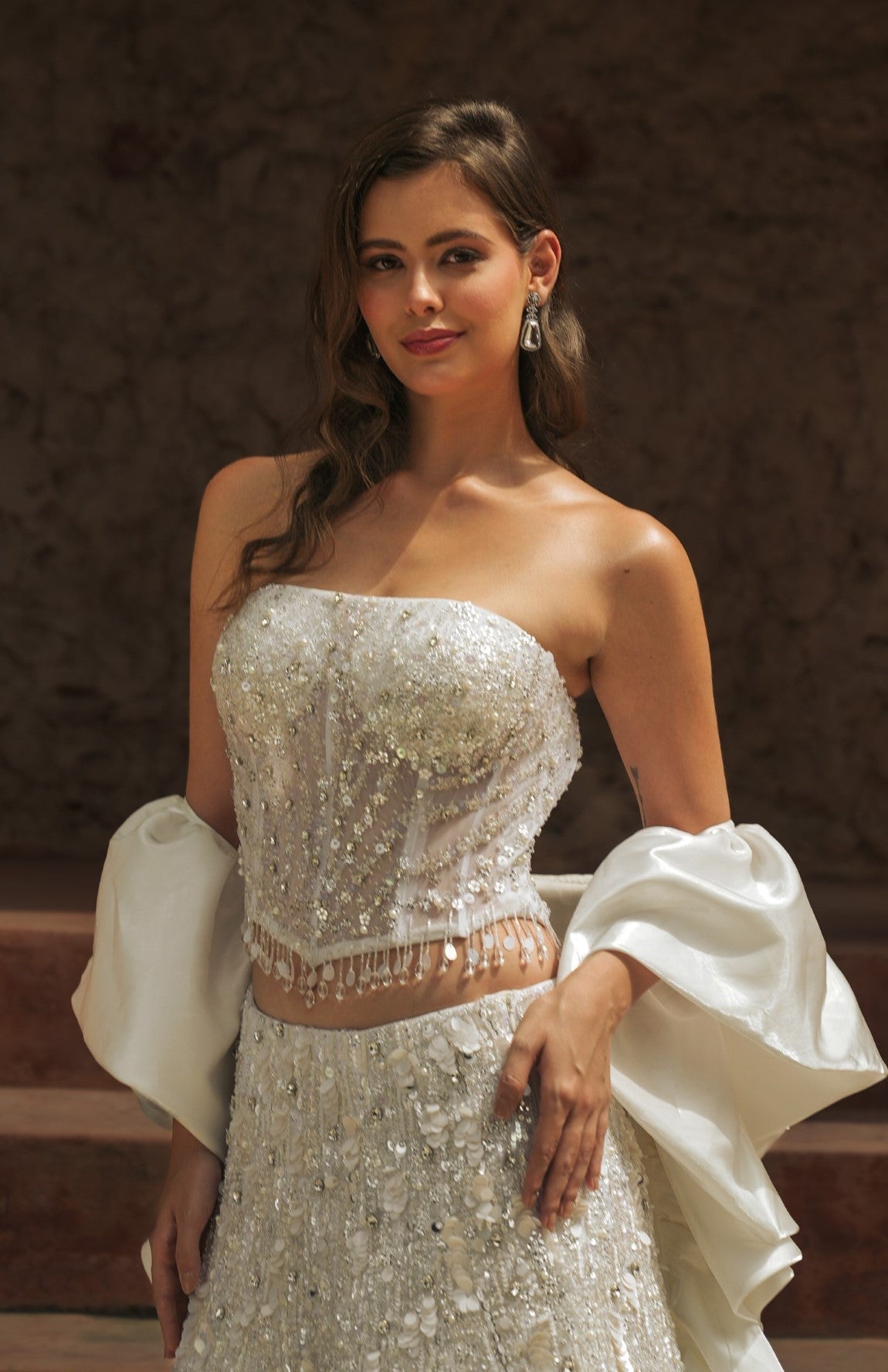 White embroidered corset fishcut lehenga set