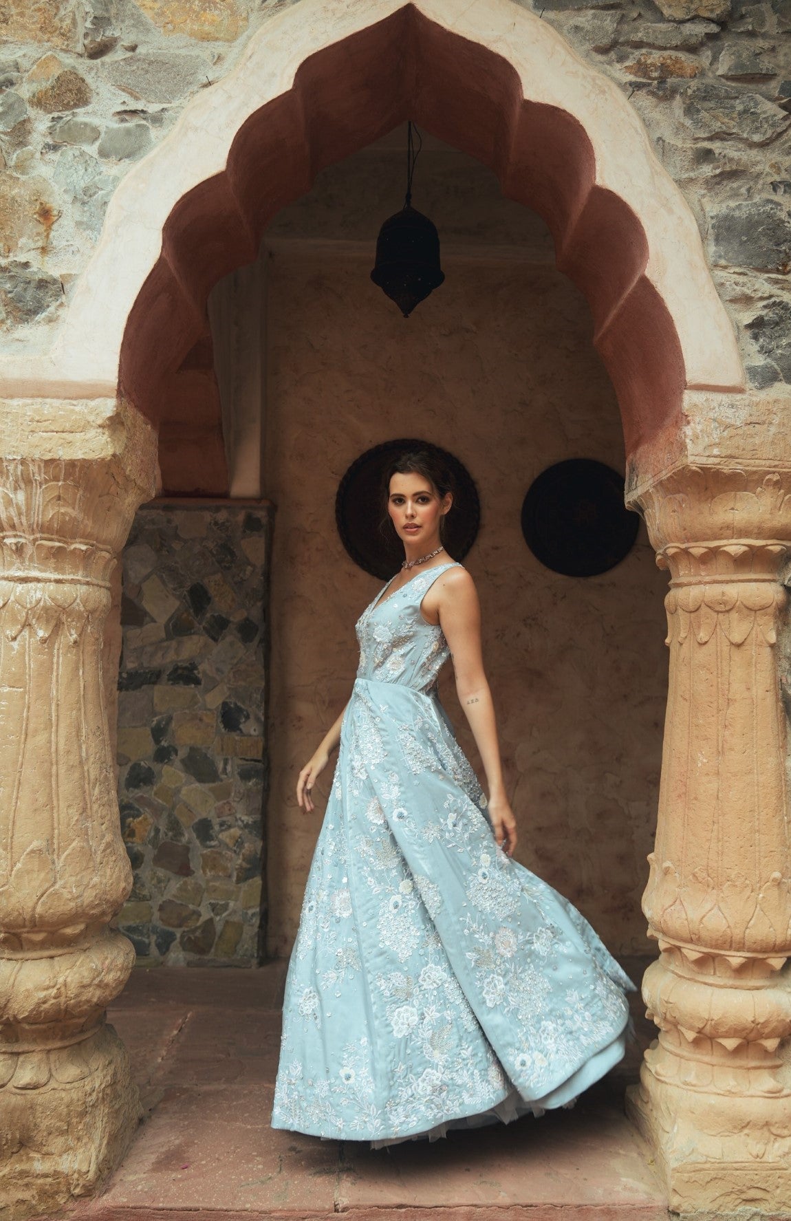 Light blue V-neck embroidered evening gown