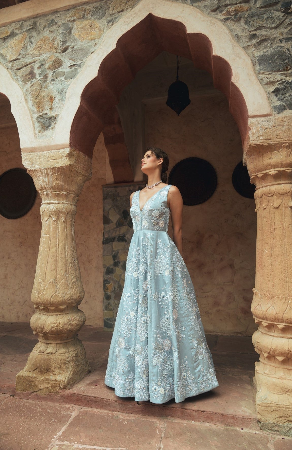 Light blue V-neck embroidered evening gown