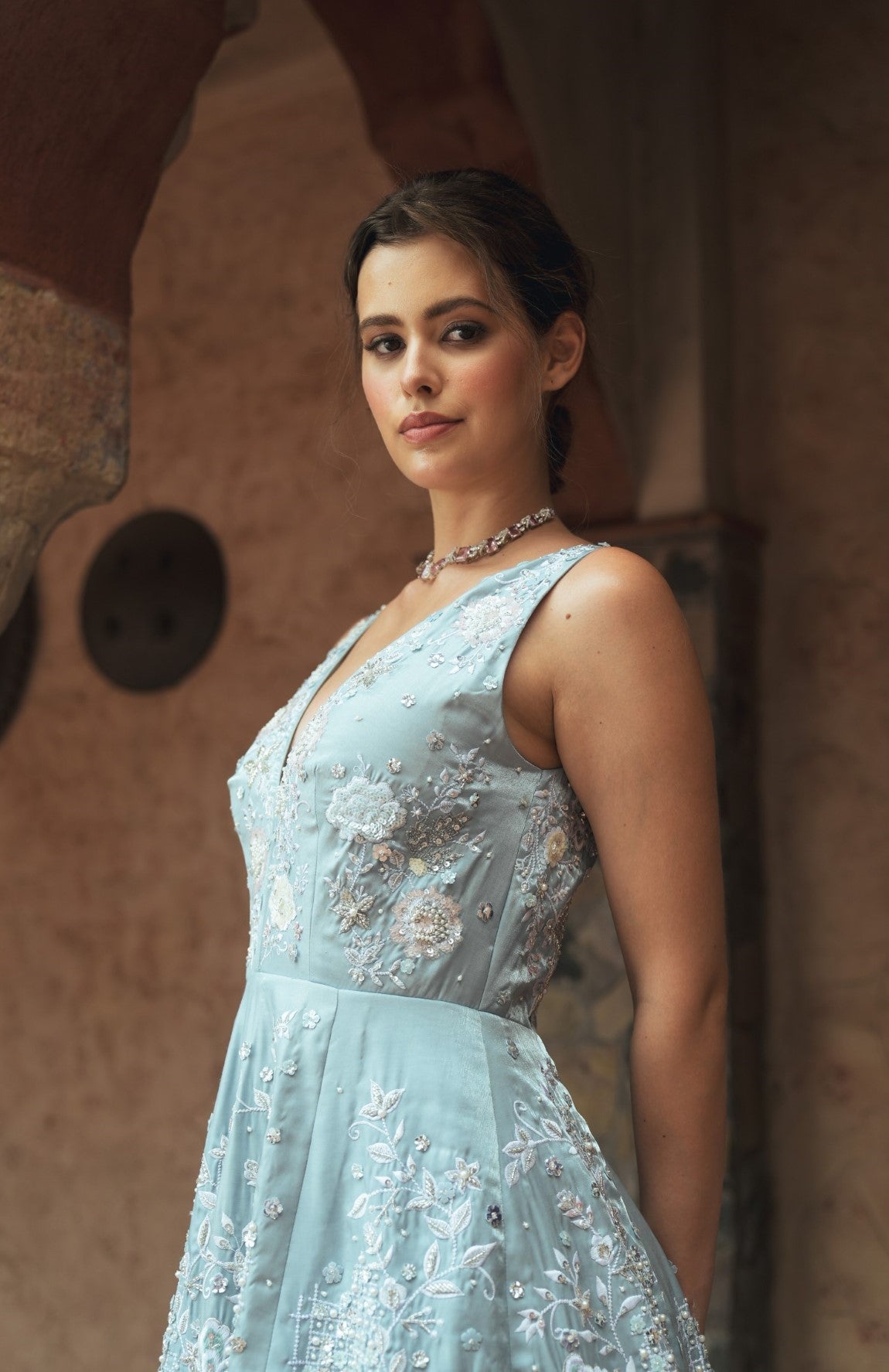 Light blue V-neck embroidered evening gown