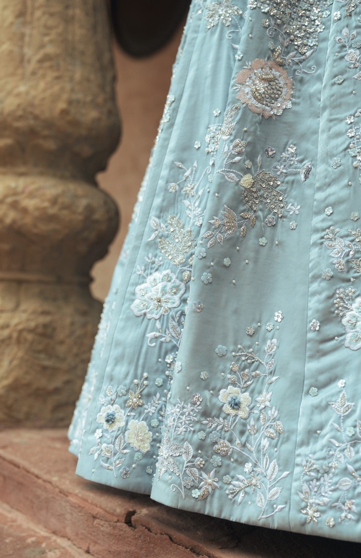 Light blue V-neck embroidered evening gown