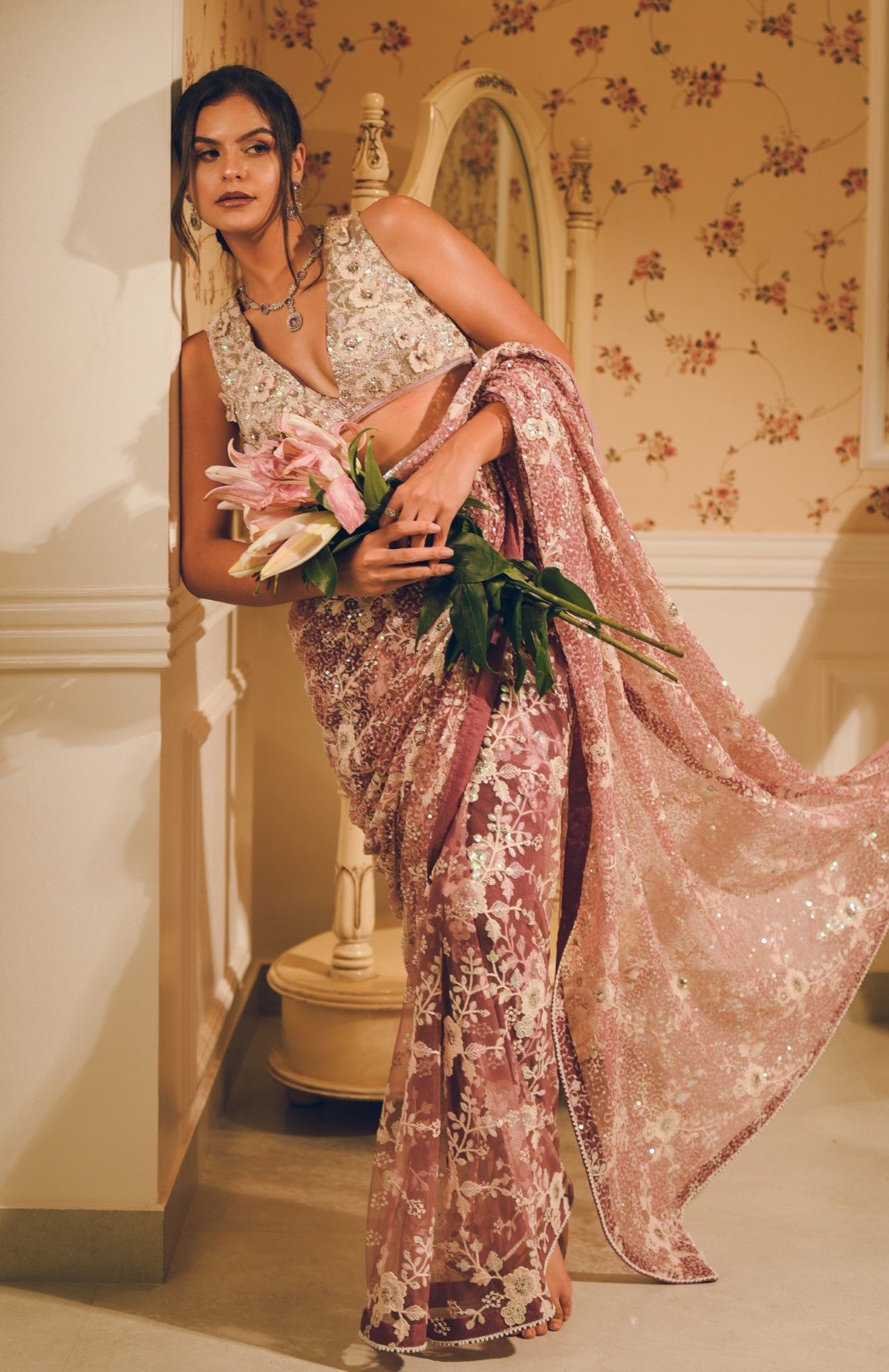 Lavender lilac embroidered saree