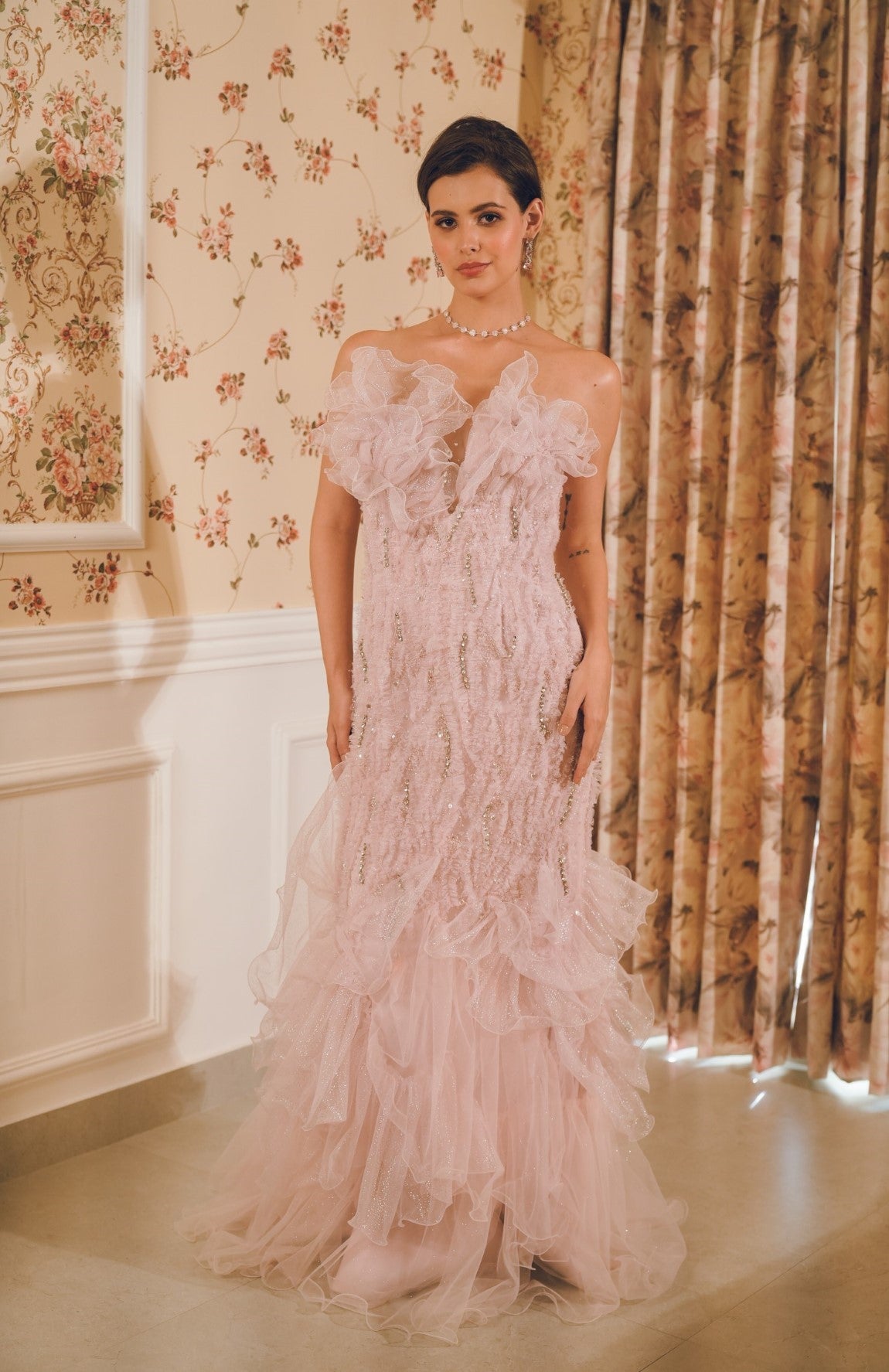 Lavender Lilac Draped embroidered evening gown