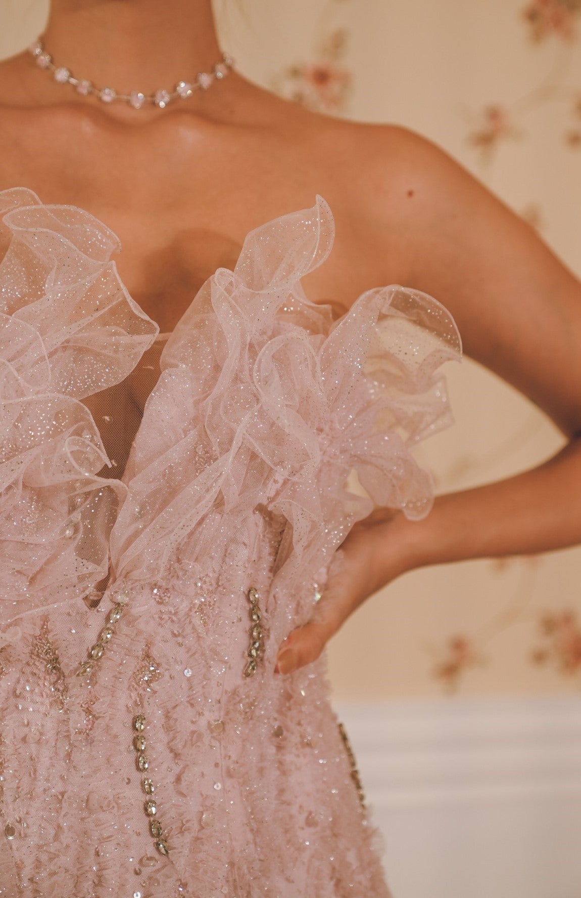 Lavender Lilac Draped embroidered evening gown