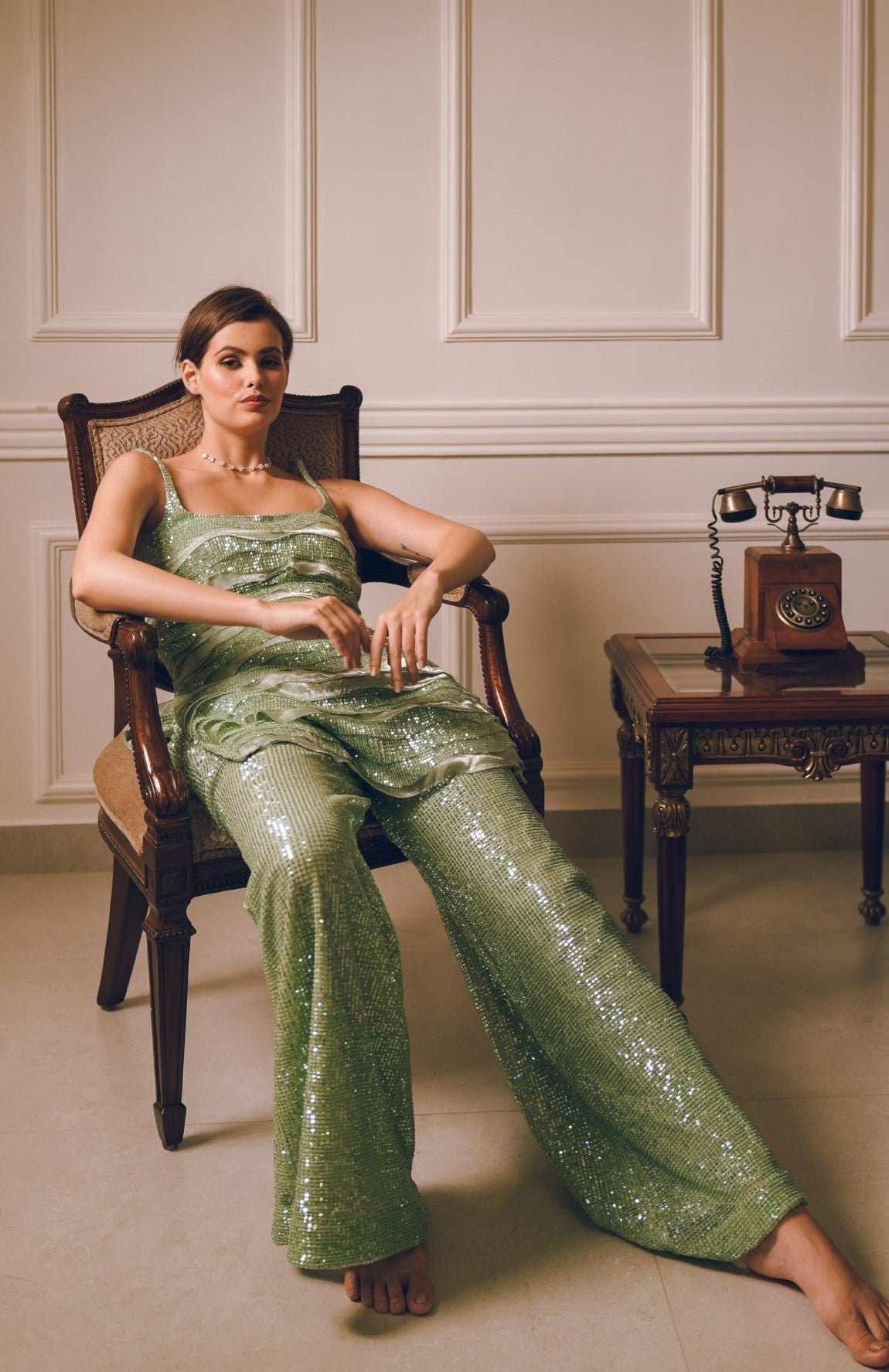 Pista Green layered sequins Kurta pants set