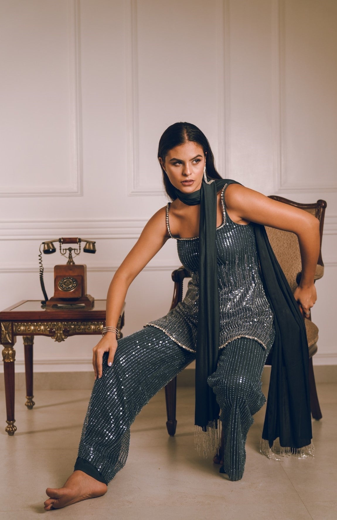 Dark grey blue embroidered kurta pants set