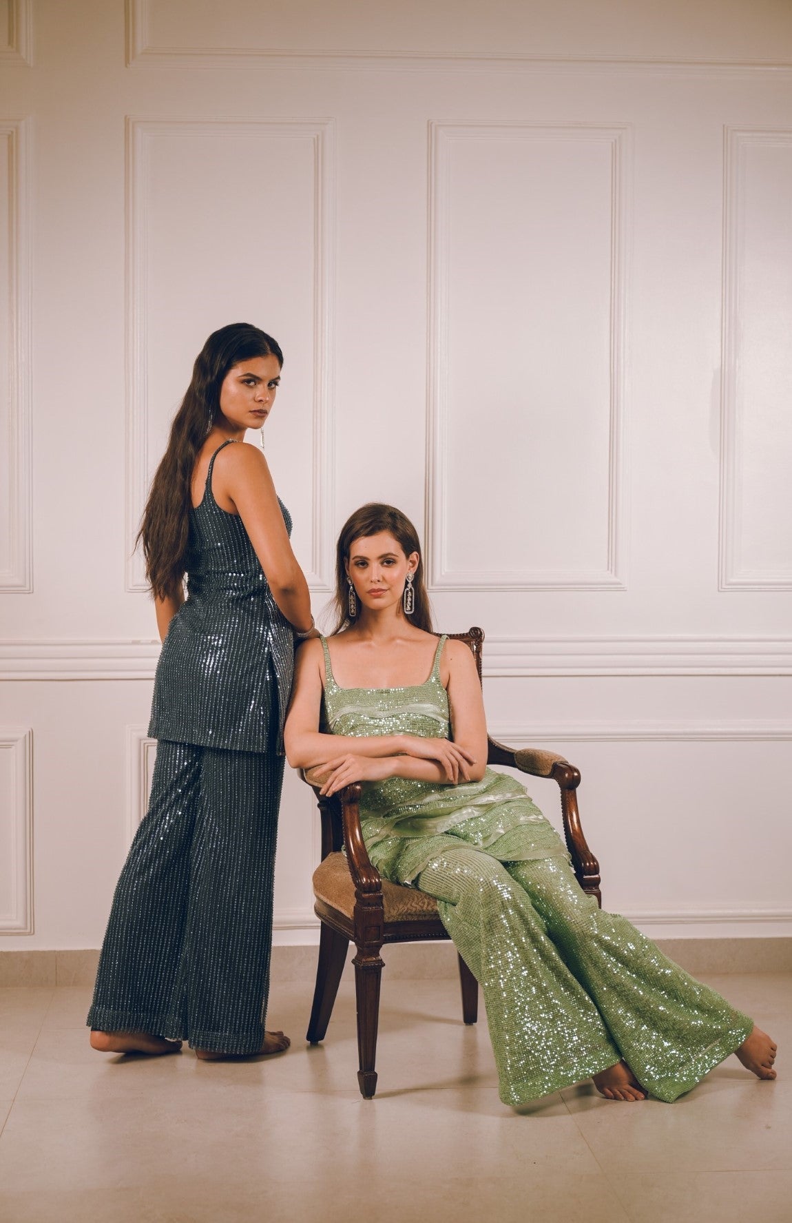Pista Green layered sequins Kurta pants set