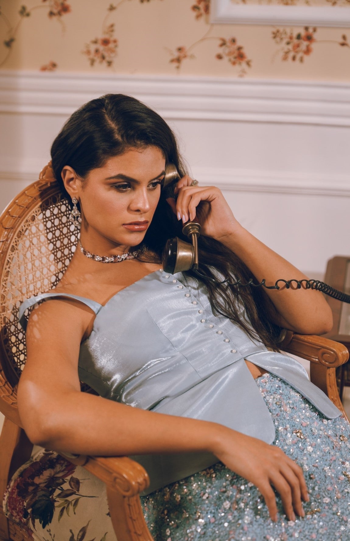 Light blue embroidered skirt satin top combo