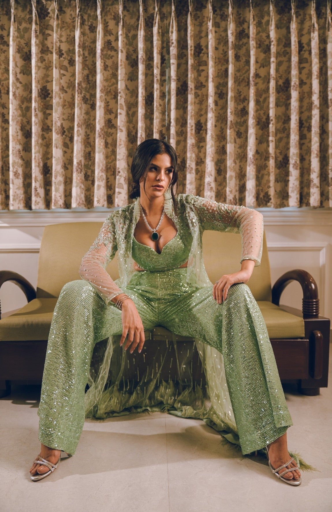 Pista Green sequins feather embroidered shrug set