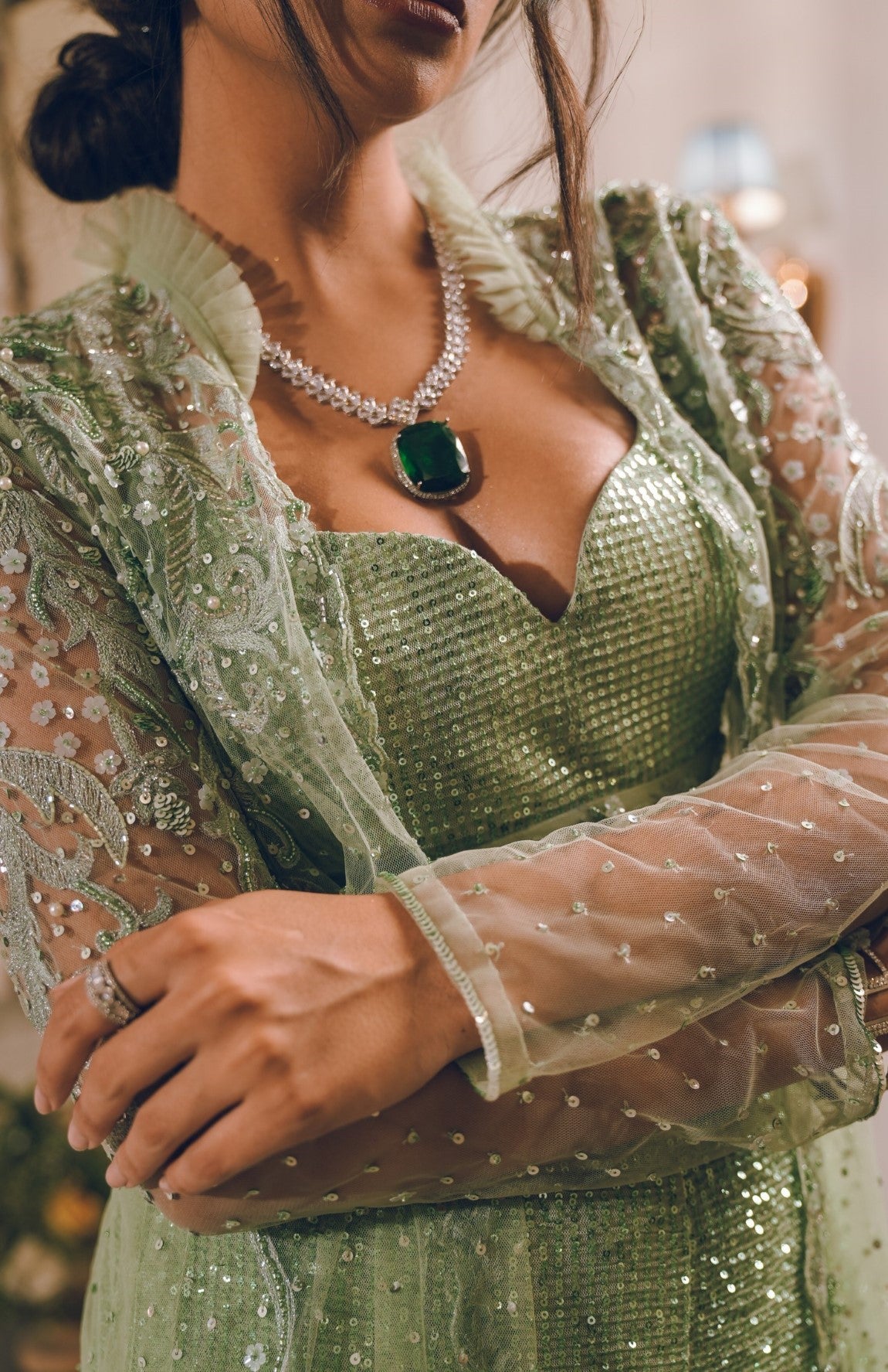 Pista Green sequins feather embroidered shrug set