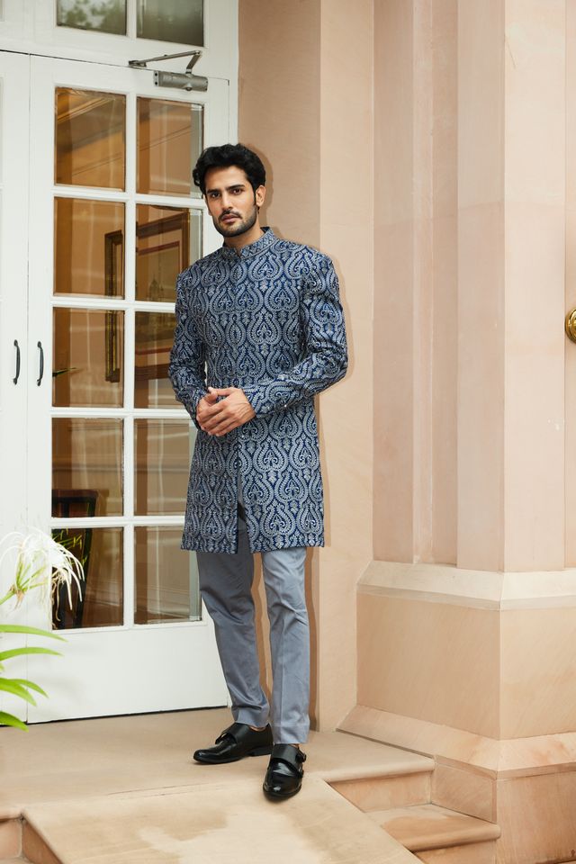 Royal Blue Matka Silk Worked Short Sherwani With Kurta and Trouser