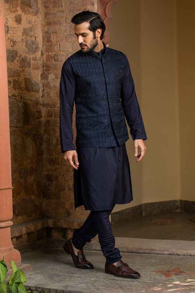 Navy Blue Kurta Churidar With Raw Silk all Over Embroidered Nehru Jacket