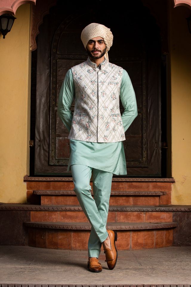 Cream Matka Embroidered Jacket  with Mint Green Kurta & Pants