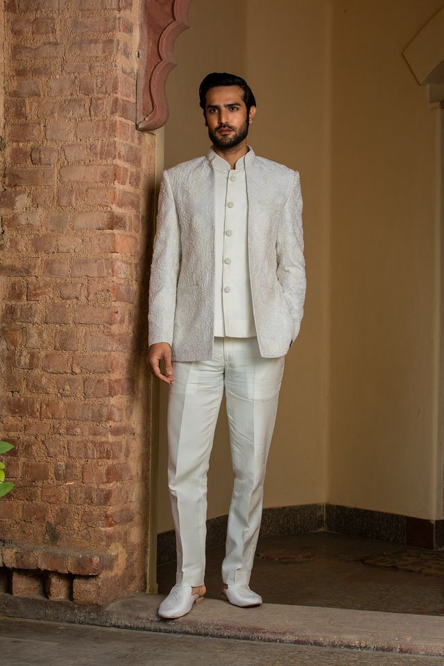 Ivory Raw Silk Short Embroidered Jacket with vest and Pant