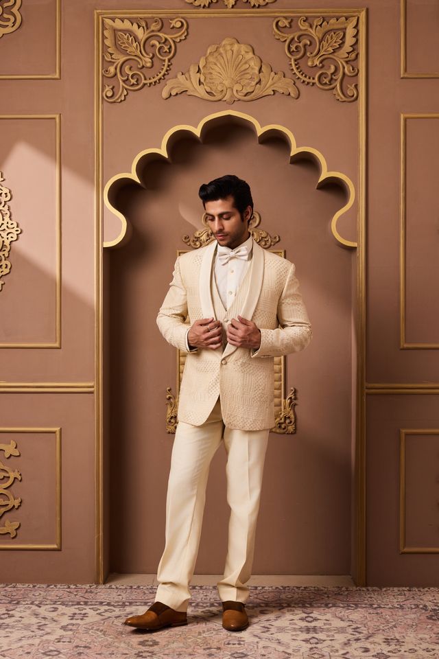 Beige Tuxedo Jacket, Waistcoat and Pant
