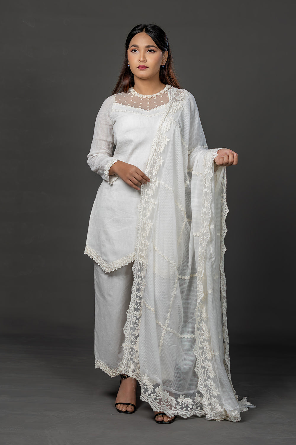White hand embroidered and lace embellished cotton kurta set