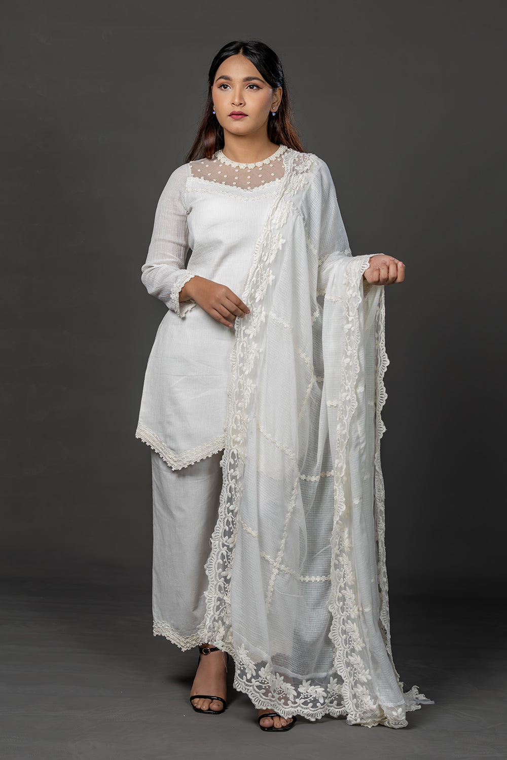 White hand embroidered and lace embellished cotton kurta set