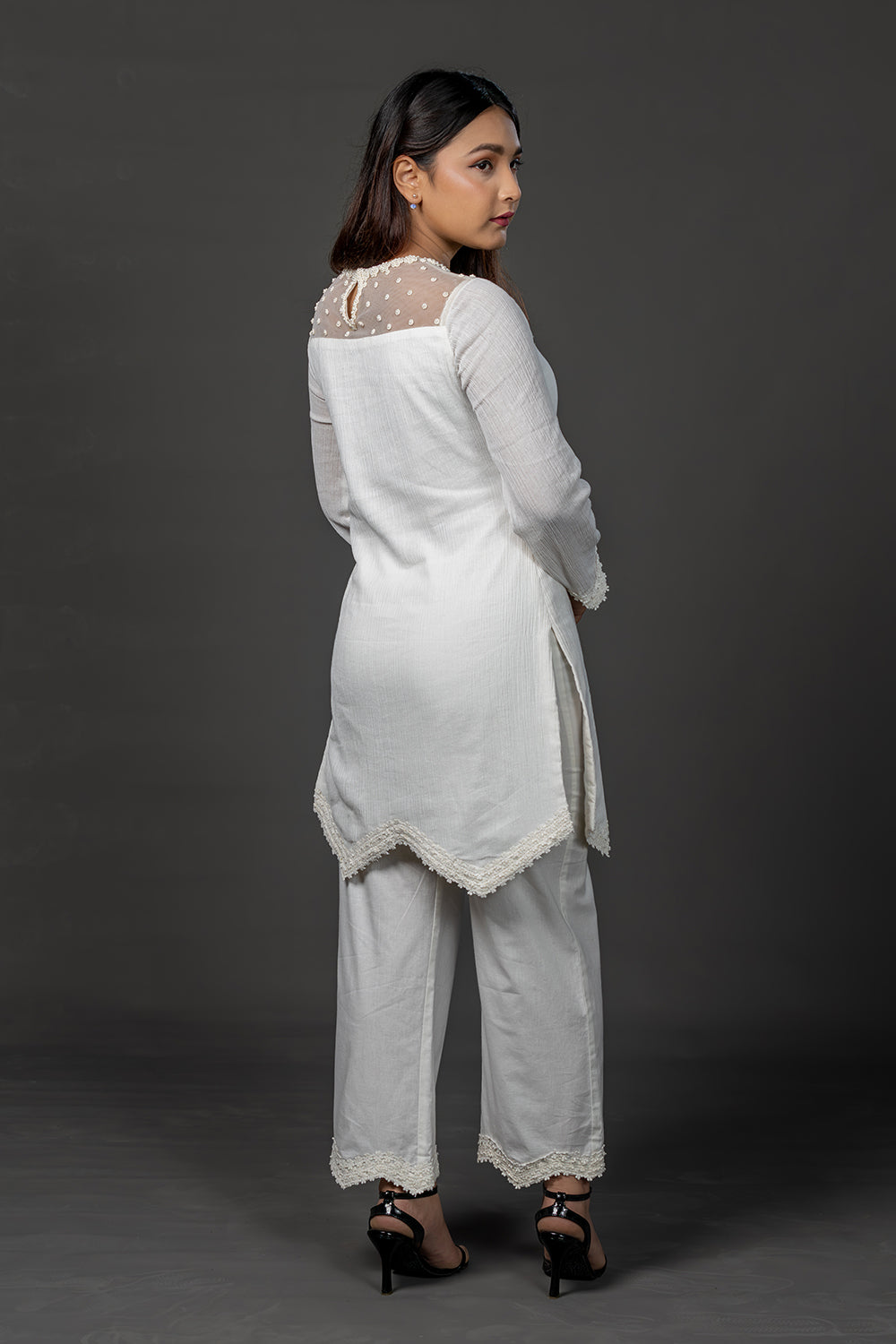 White hand embroidered and lace embellished cotton kurta set