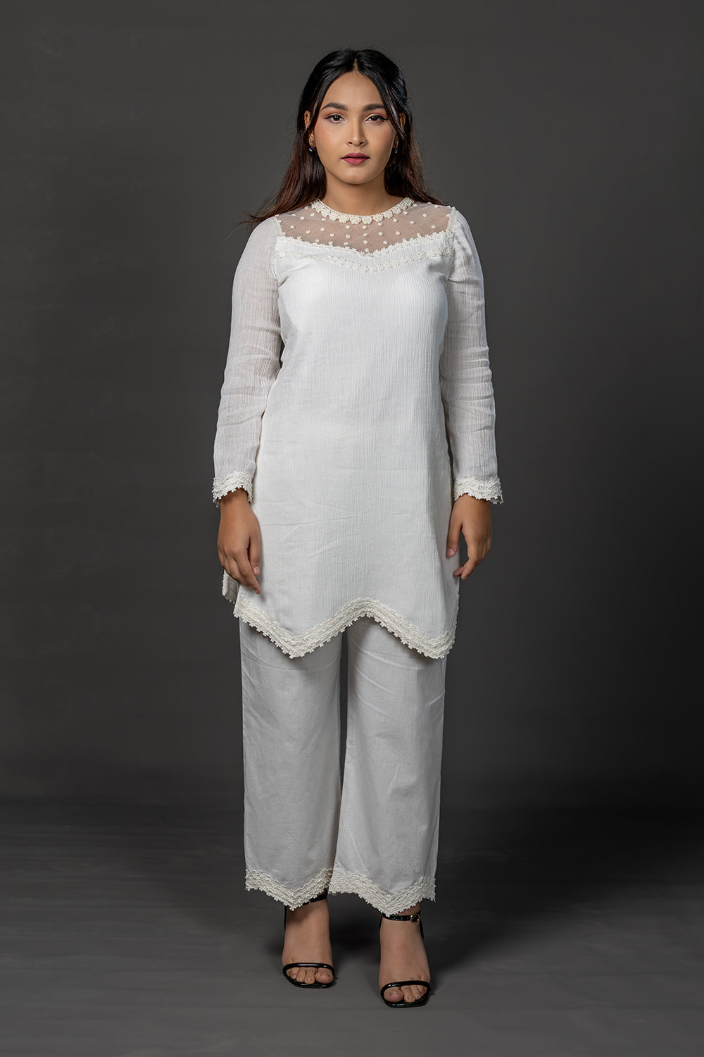 White hand embroidered and lace embellished cotton kurta set
