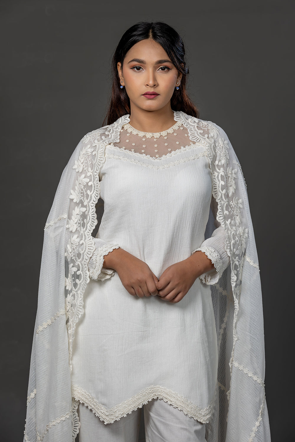 White hand embroidered and lace embellished cotton kurta set