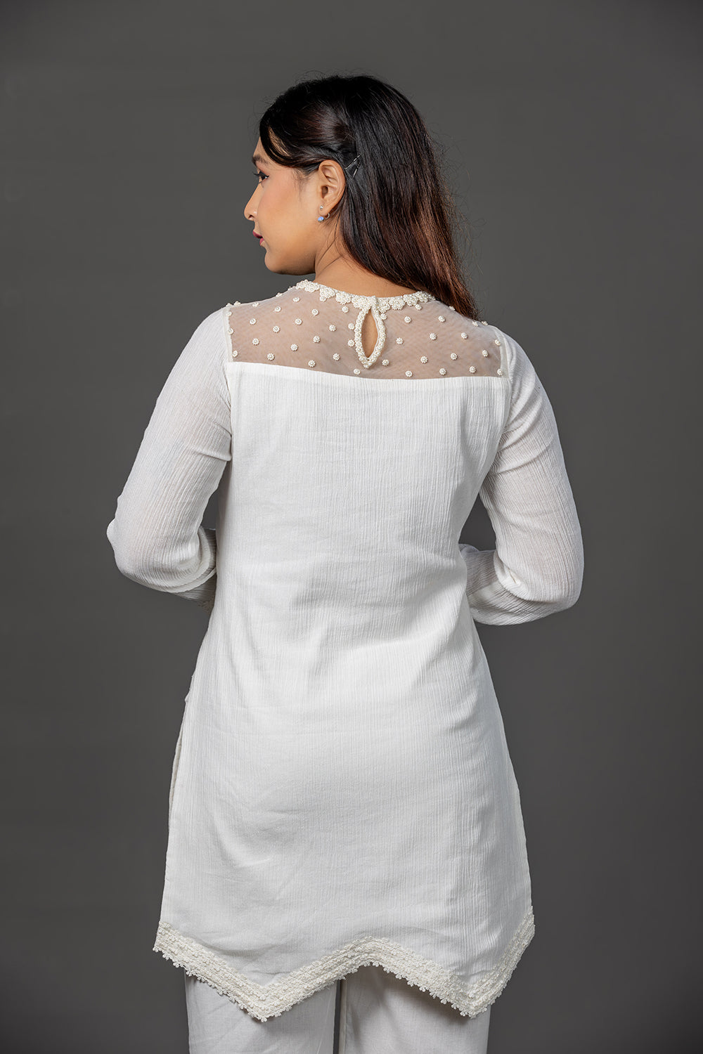 White hand embroidered and lace embellished cotton kurta set