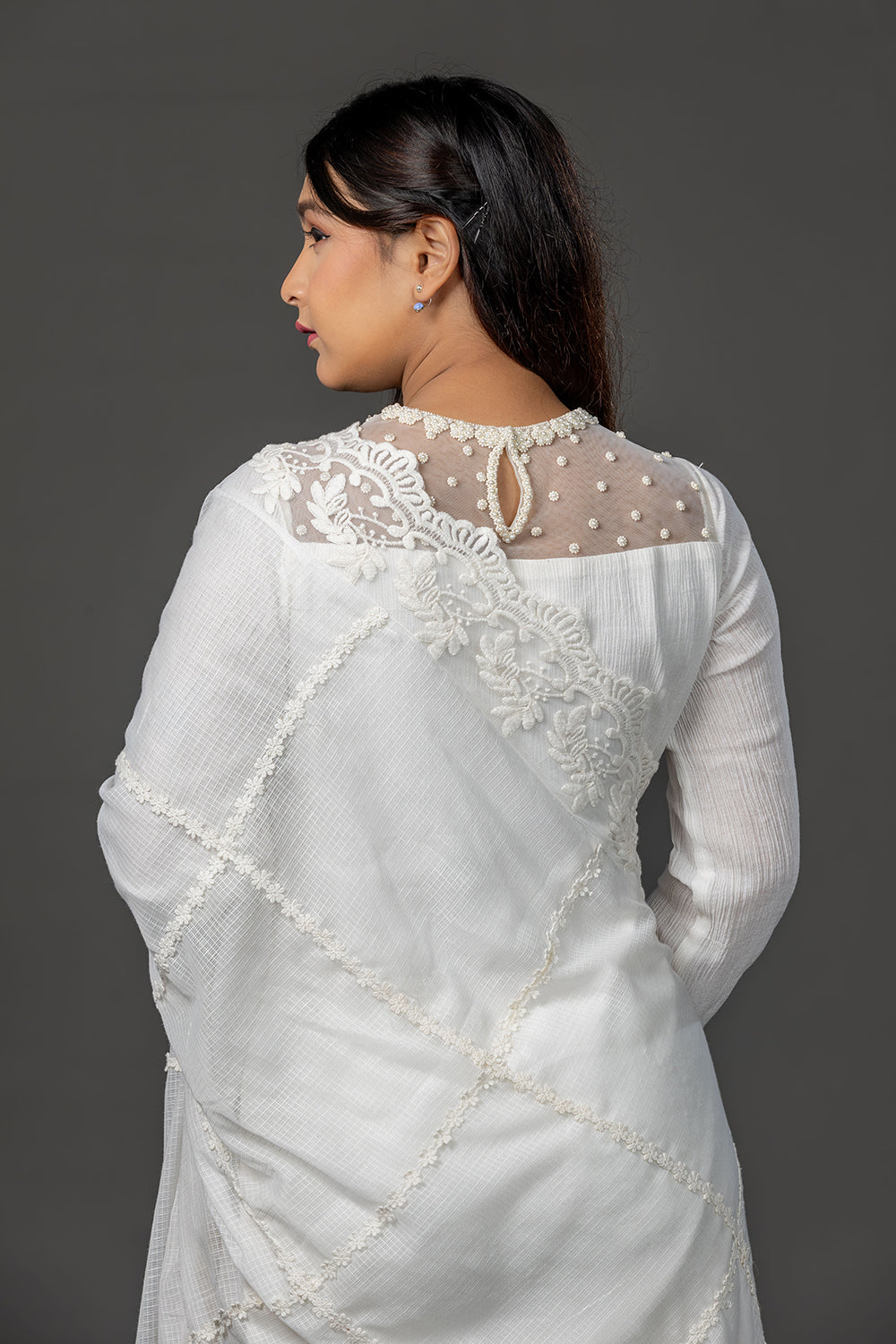White hand embroidered and lace embellished cotton kurta set